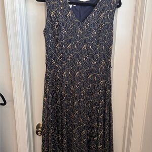 London Times Navy and Gold Lace Midi Dress
